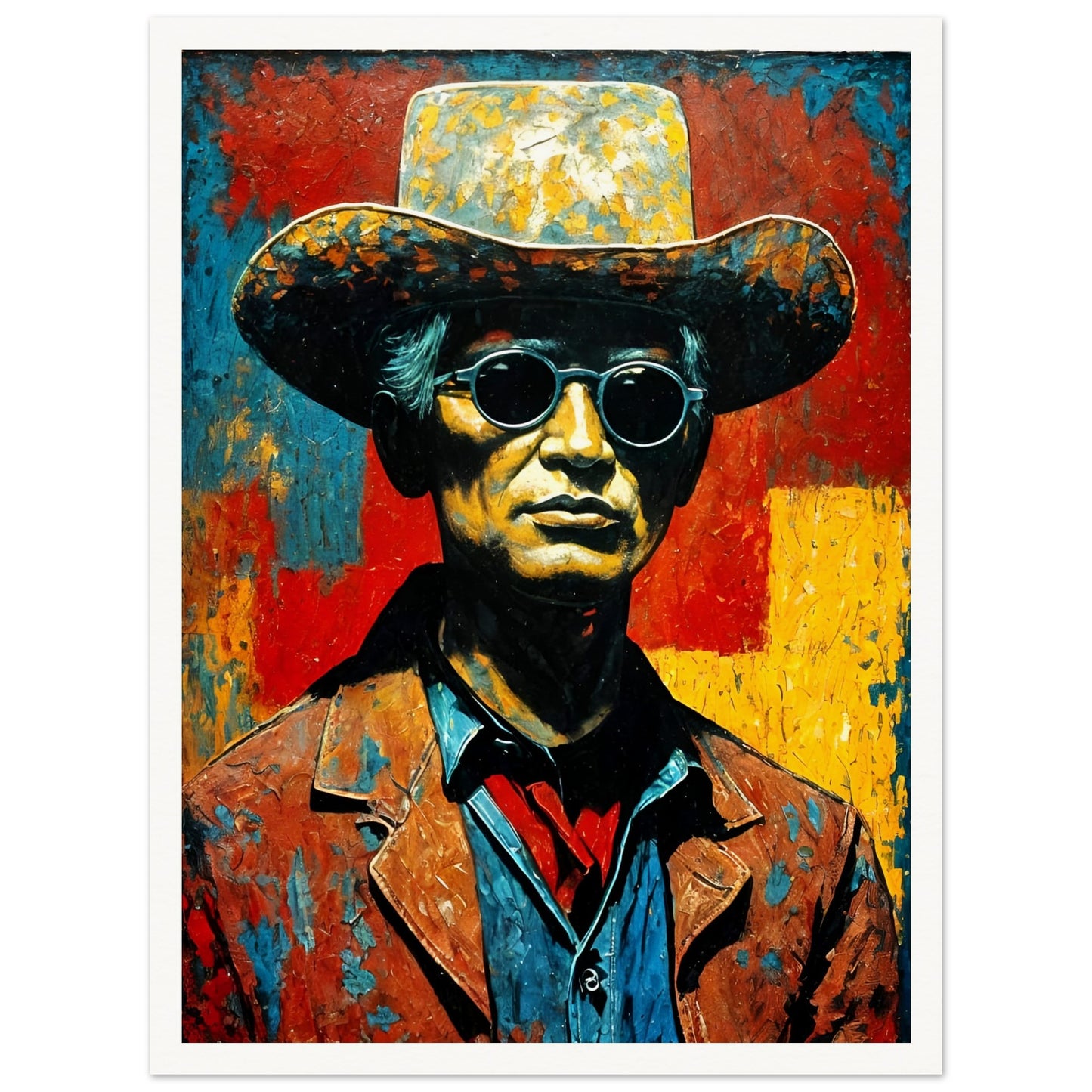 A bold, textured portrait of a cowboy in a weathered hat and sunglasses, set against a vibrant red, yellow, and blue background.