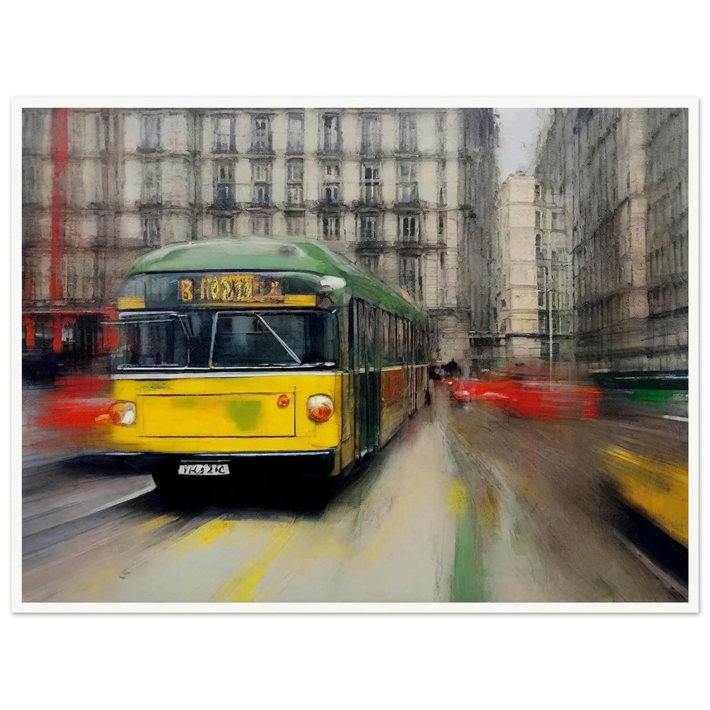 "A dynamic painting of a yellow and green tram speeding through a busy city street, with blurred surroundings capturing the movement of urban life."