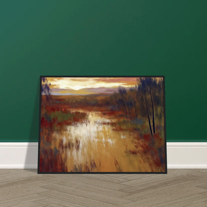 An atmospheric landscape painting depicting a calm marsh or river at sunset, with golden reflections on the water, autumn-toned grasses, and a line of slender trees beneath a glowing evening sky.