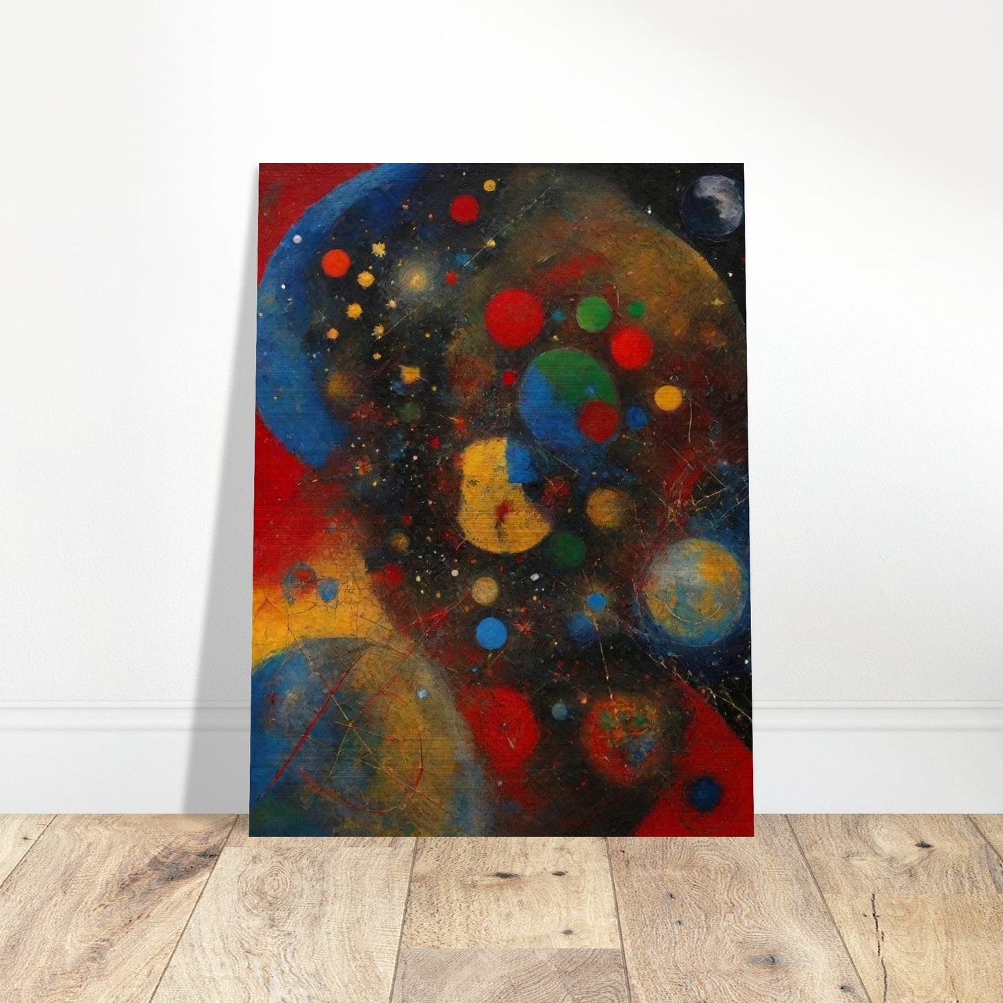 An abstract painting with vibrant colors and shapes, depicting a cosmic scene filled with celestial bodies.