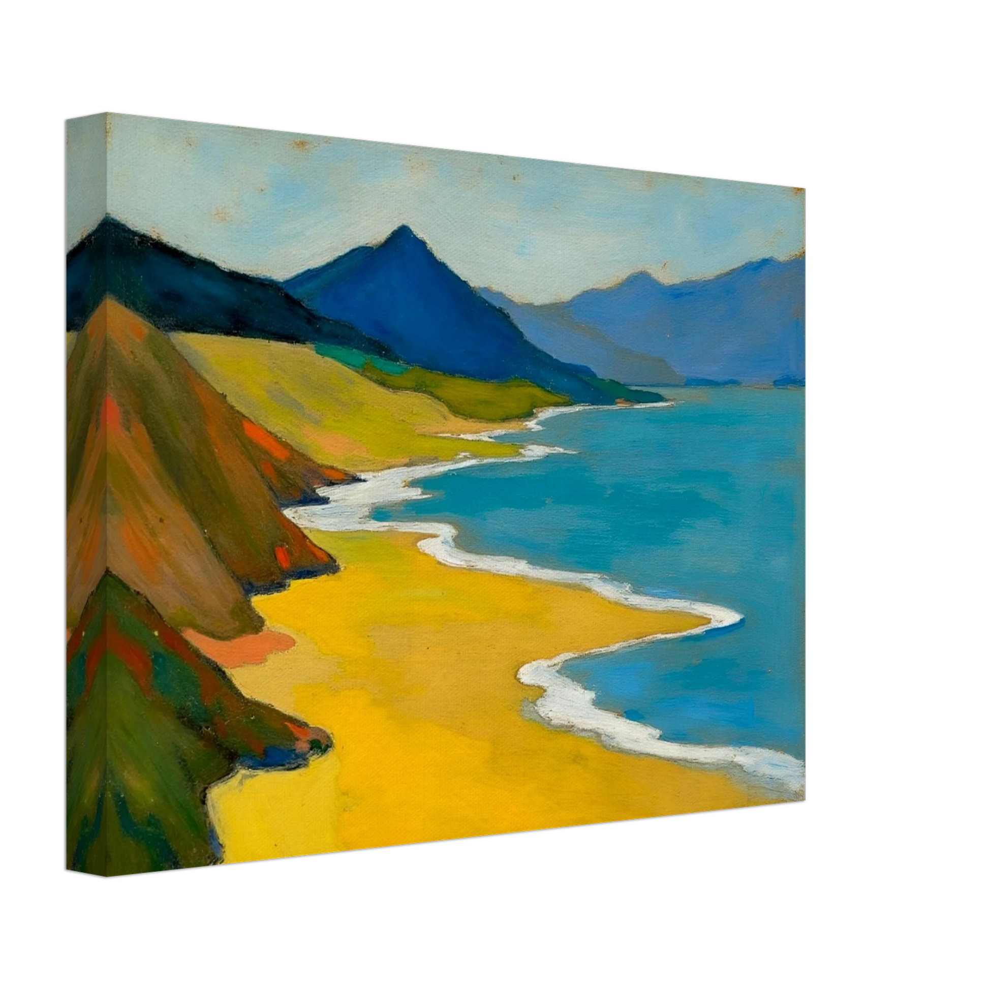Golden shoreline curves beside turquoise water, green hills, and blue mountains under a pale sky.