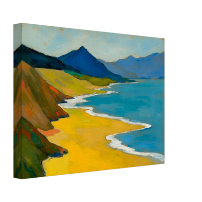 Golden shoreline curves beside turquoise water, green hills, and blue mountains under a pale sky.