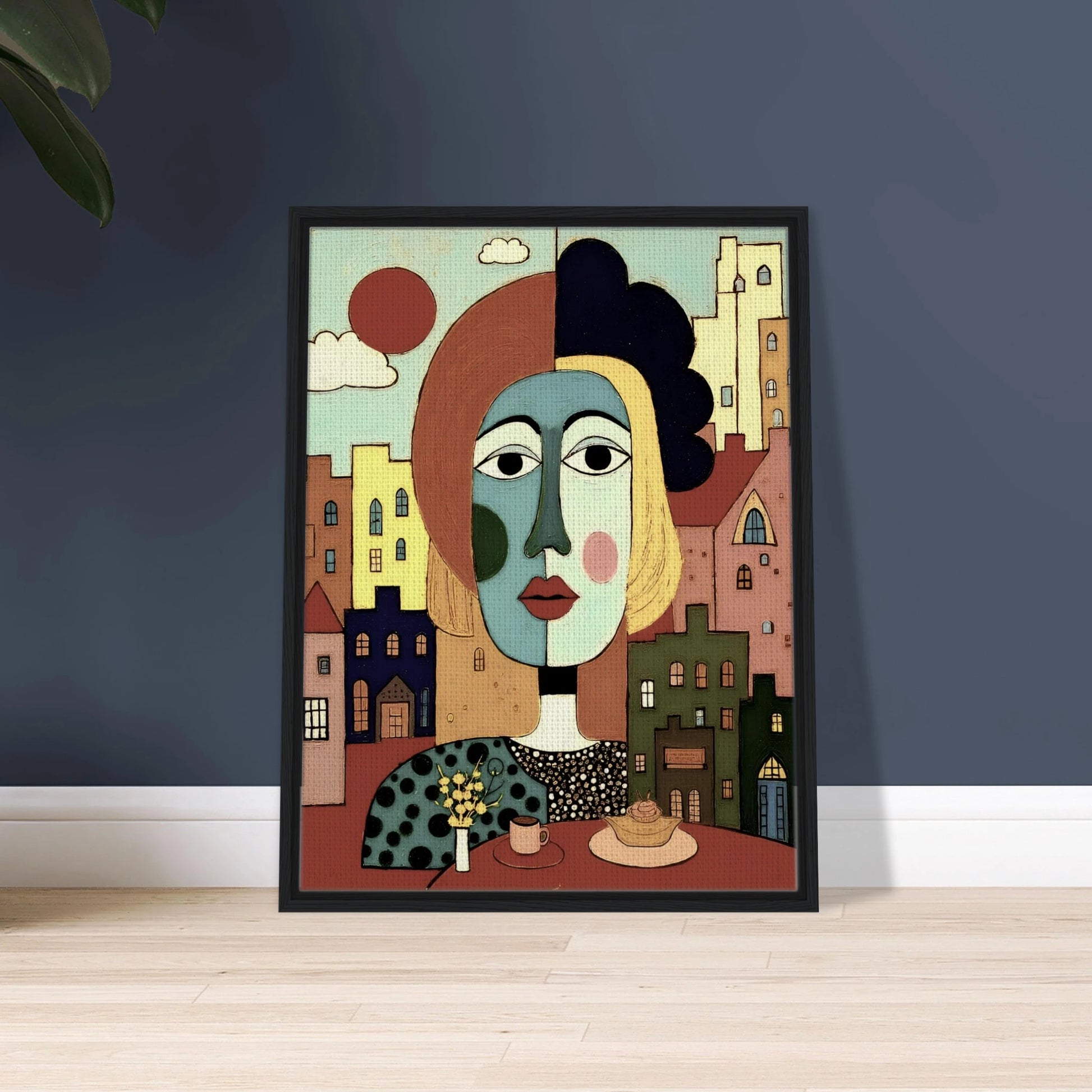 A cubist portrait of a woman at a café table with coffee and pastry, set against a pastel-colored cityscape and warm red sun.