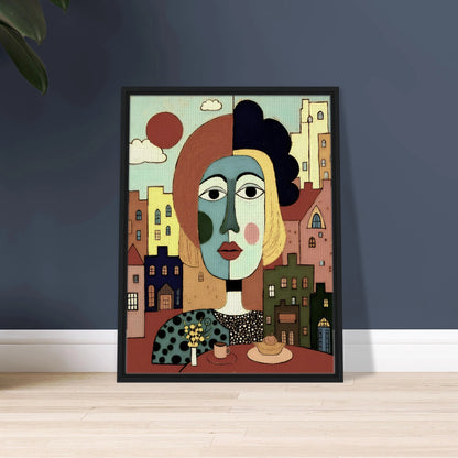 A cubist portrait of a woman at a café table with coffee and pastry, set against a pastel-colored cityscape and warm red sun.