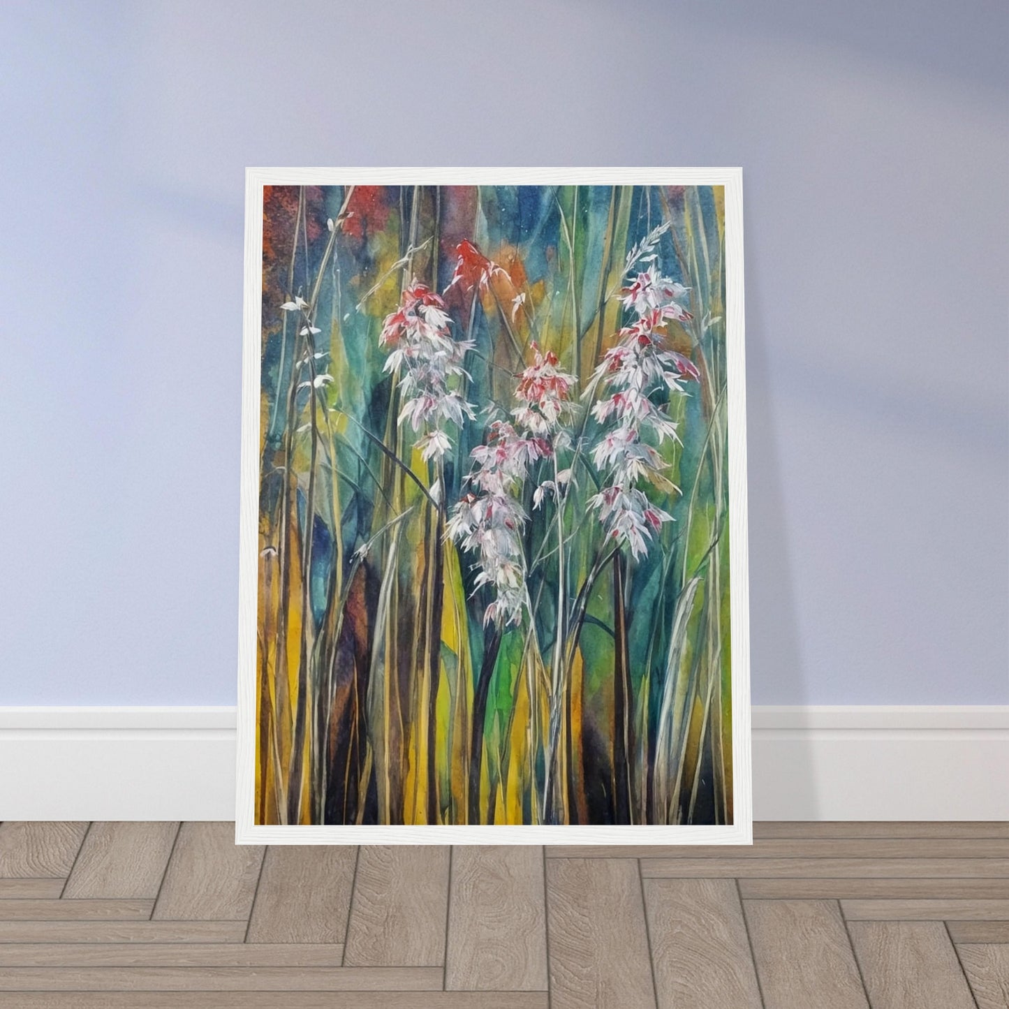 Delicate white and red wildflowers rise among tall, slender grasses, set against a softly textured background of green, blue, and golden hues.