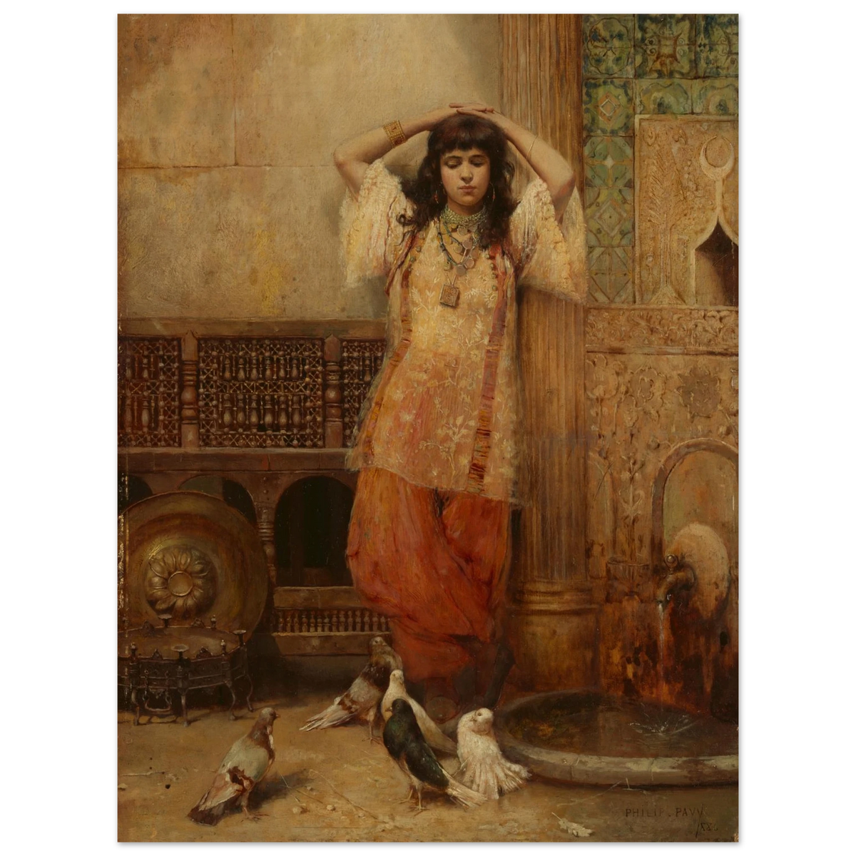 A young woman stands beside an ornate courtyard fountain with pigeons gathered at her feet.