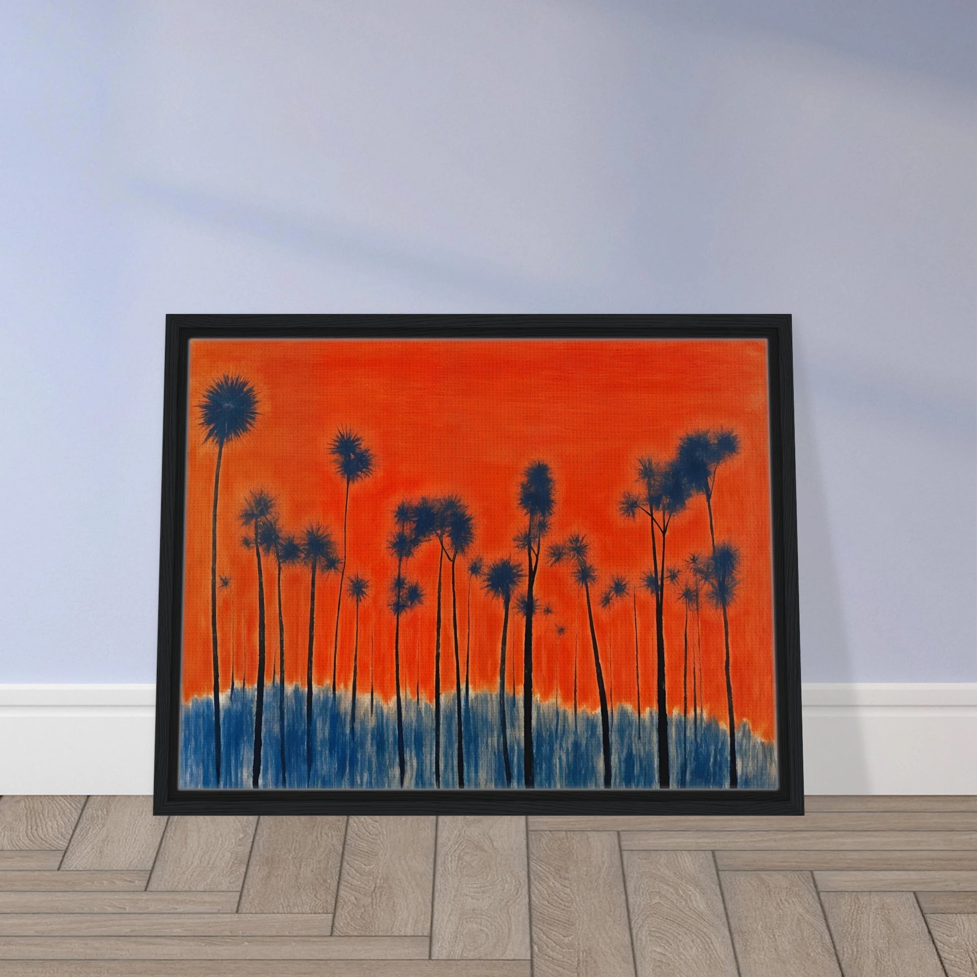 Dark silhouettes of tall palm-like trees rise against a vivid orange-red sky with deep blue ground tones, radiating intense warmth.