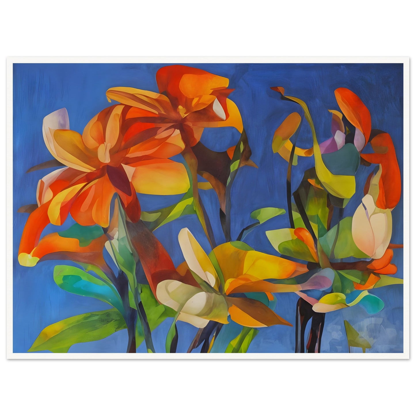 A vibrant floral painting with bold orange, yellow, and green flowers against a deep blue background, creating a striking contrast of warm and cool tones