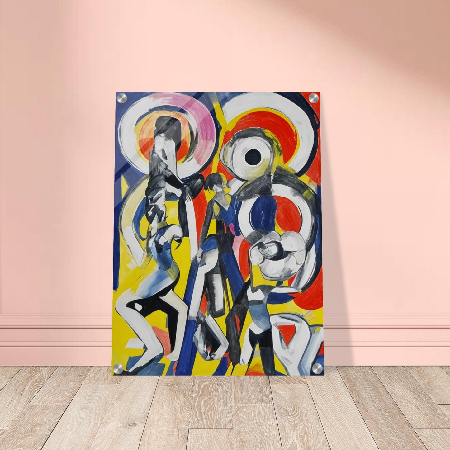 Abstract painting featuring dynamic, elongated figures in motion with bold, swirling shapes in red, blue, yellow, and black.