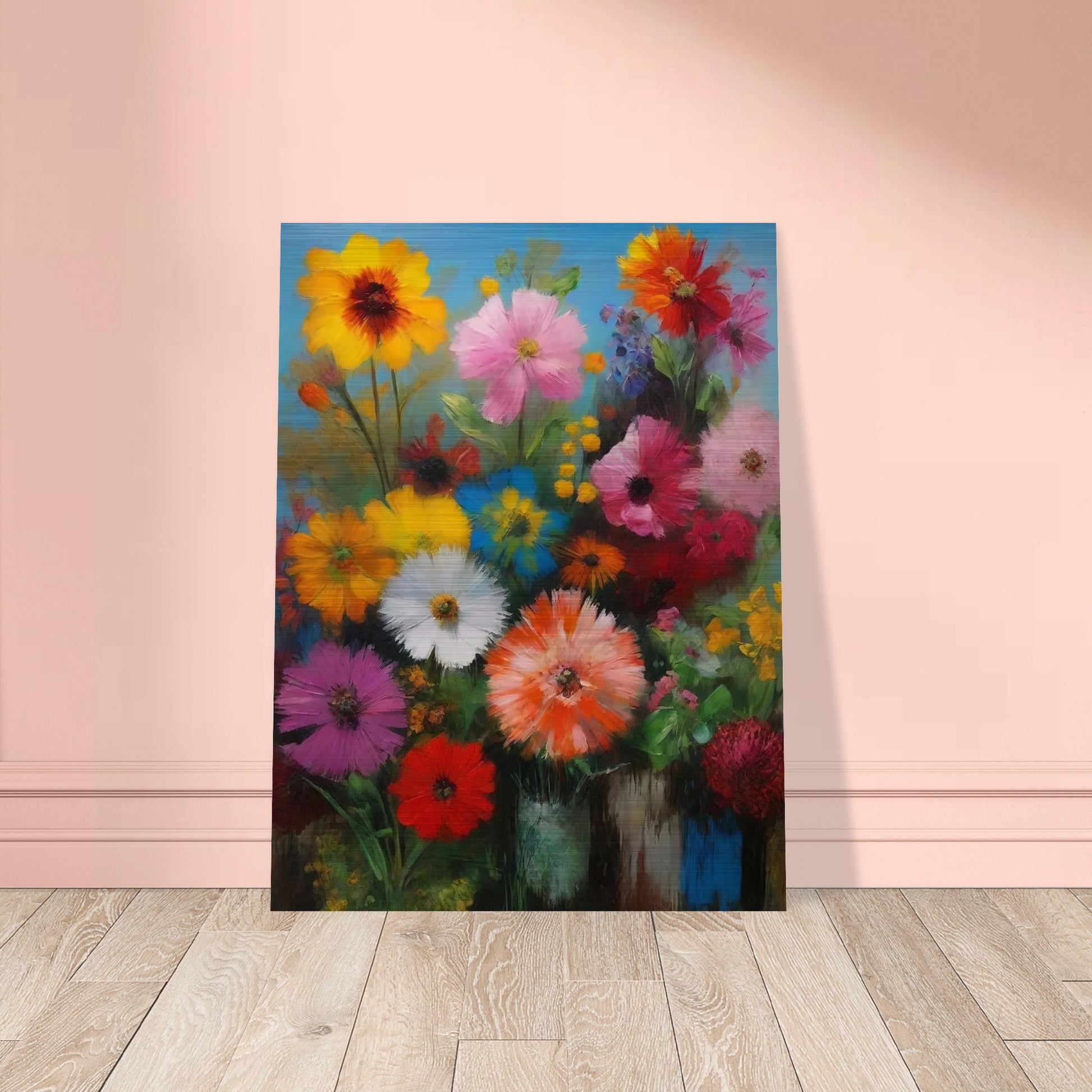 A colorful bouquet of various flowers in full bloom set against a bright blue background, showcasing a mix of vibrant hues.