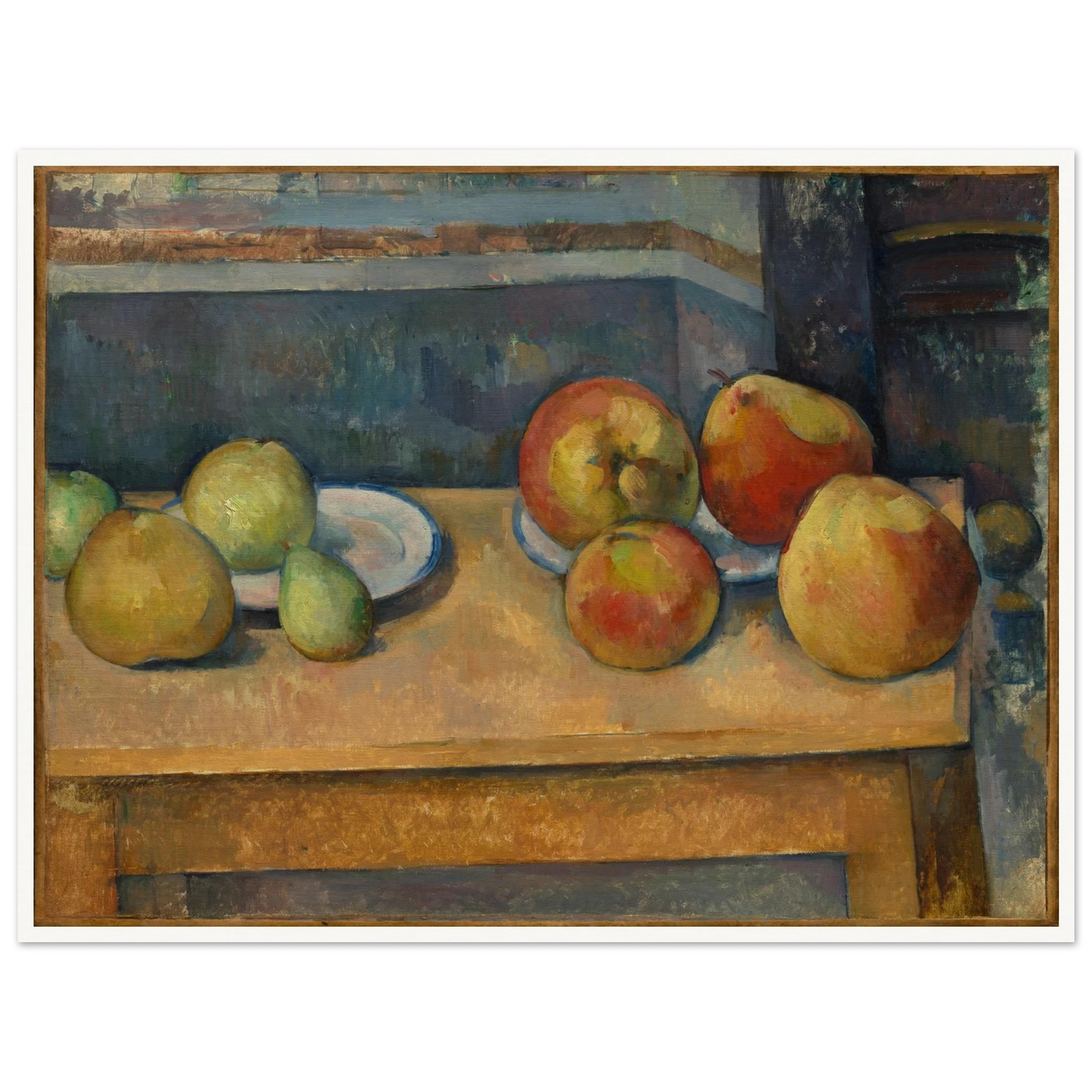 Apples and pears arranged on plates across a table in a structured still life