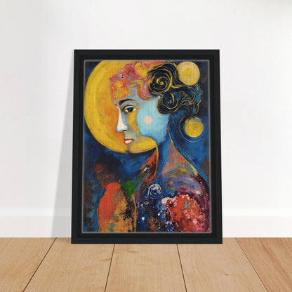 Blue celestial portrait with golden moons, dark curls, and vivid red and yellow cosmic textures.