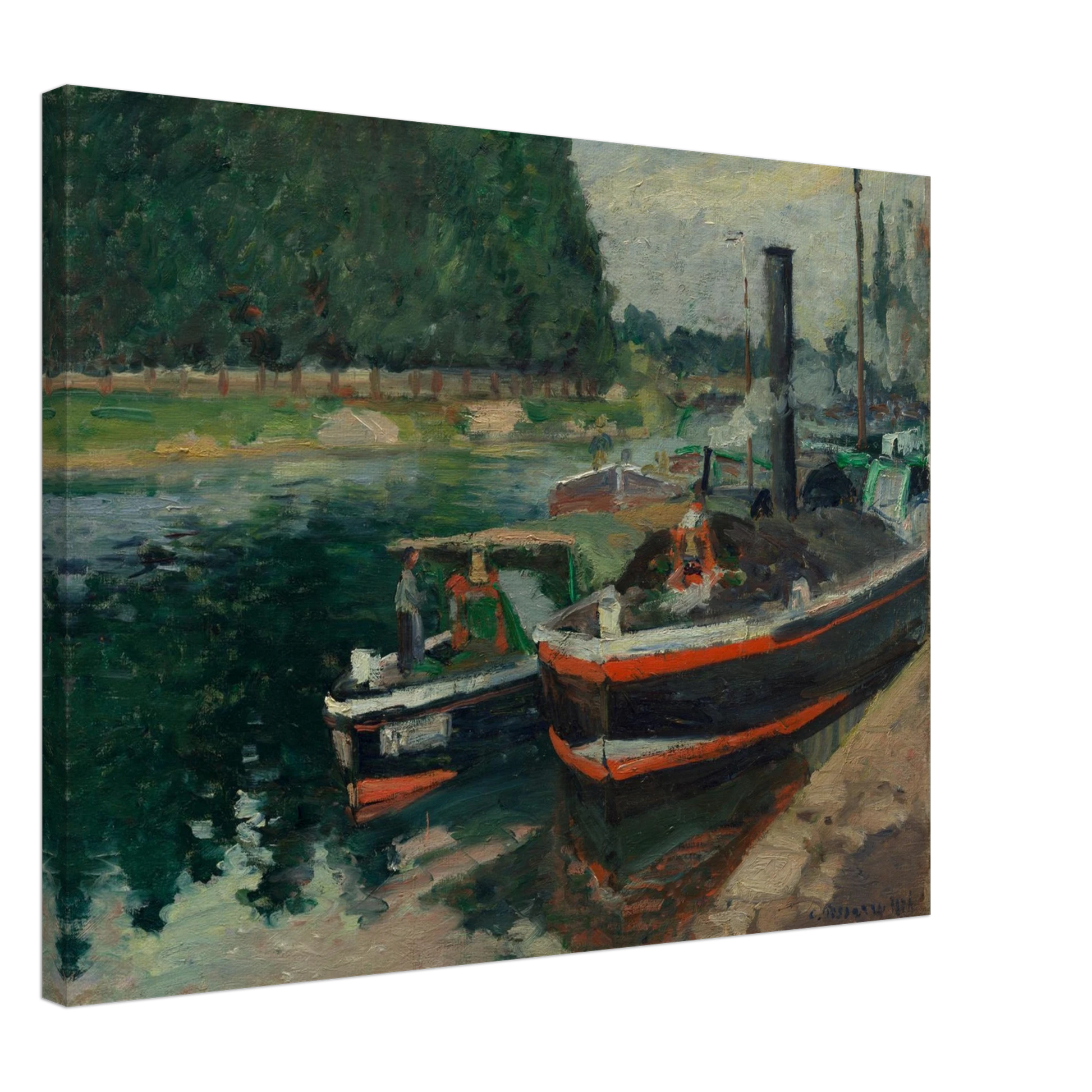 Steamboats dock along the river at Rouen with green trees reflected in the water