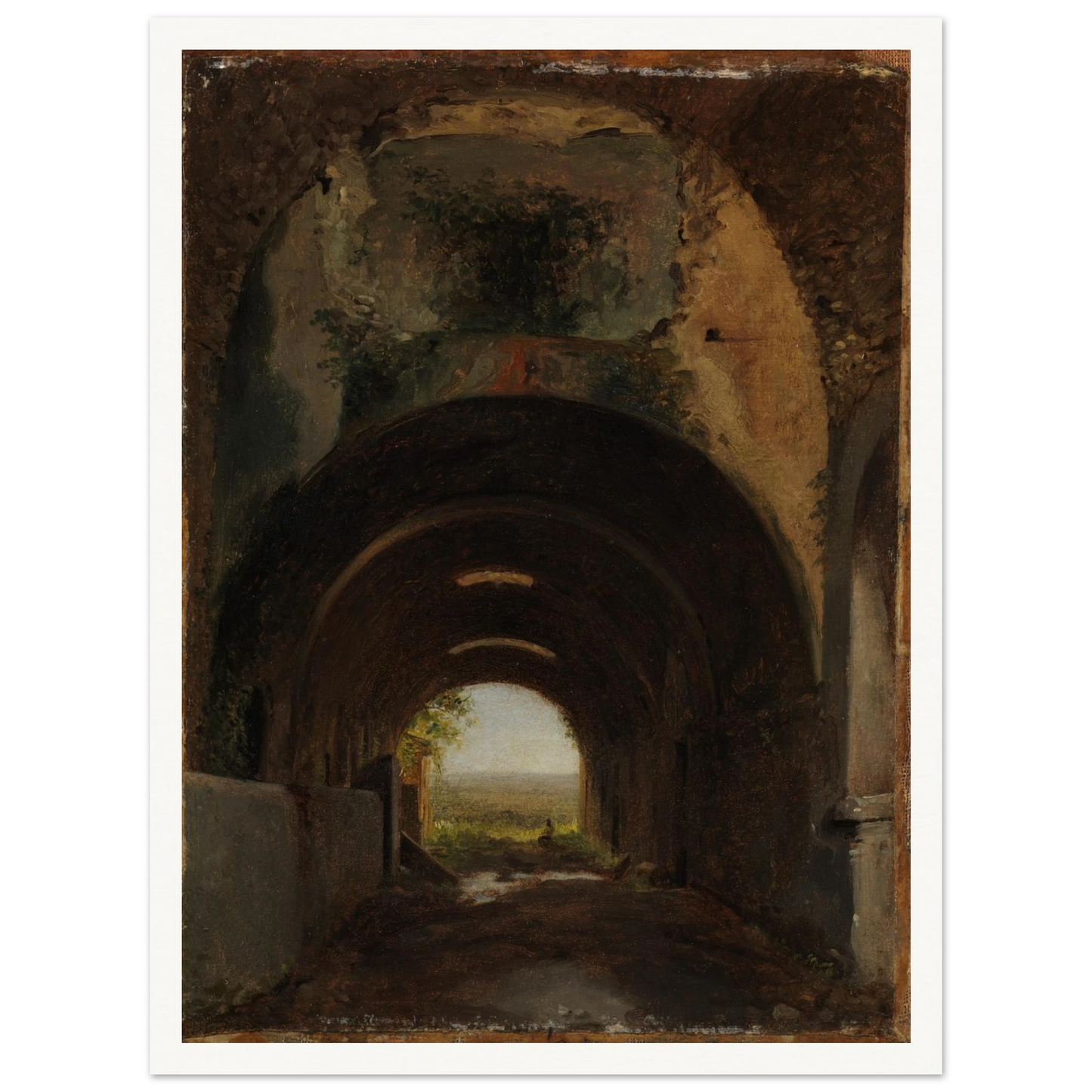 Dark vaulted stable opens to a distant landscape through a sunlit arch