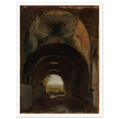 Dark vaulted stable opens to a distant landscape through a sunlit arch