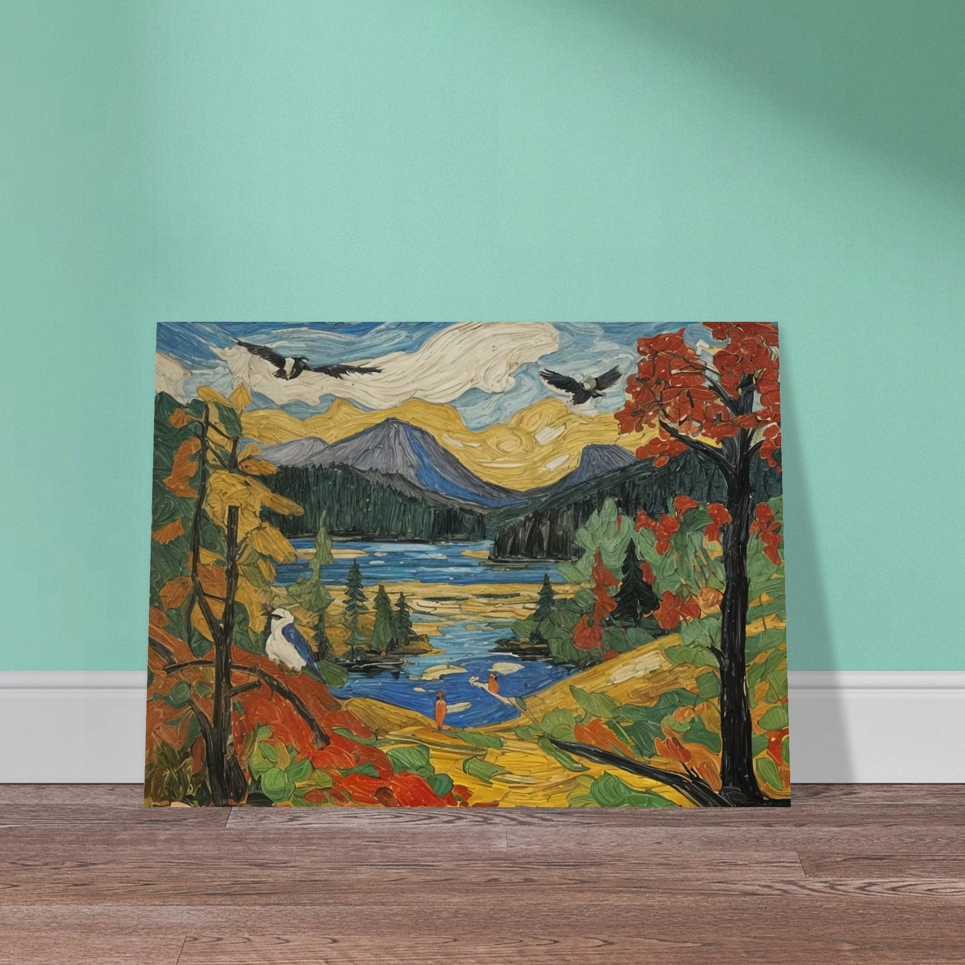 "A colorful autumn landscape featuring a mountain lake, vibrant trees, birds in flight, and a serene nature scene under a golden sky."