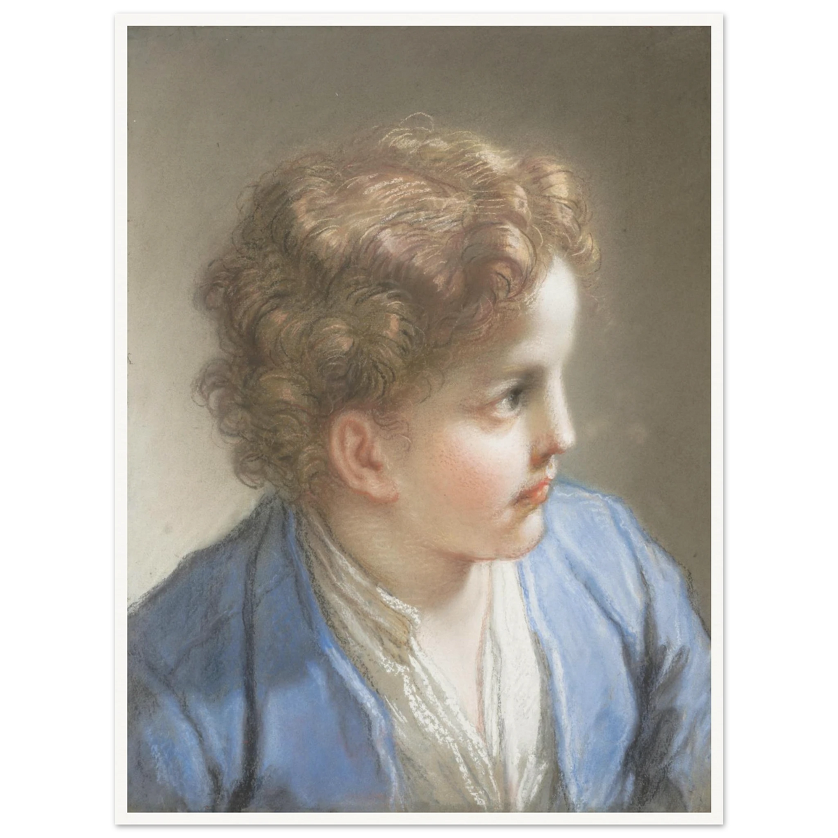 A young boy in a blue jacket looks to the side, softly rendered in pastel with warm curls and gentle light.