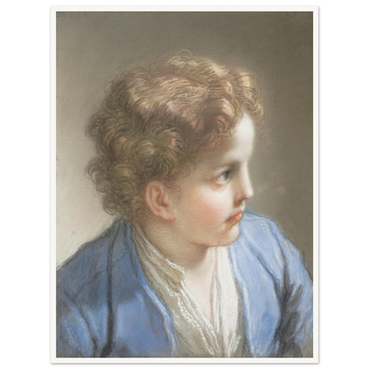 A young boy in a blue jacket looks to the side, softly rendered in pastel with warm curls and gentle light.
