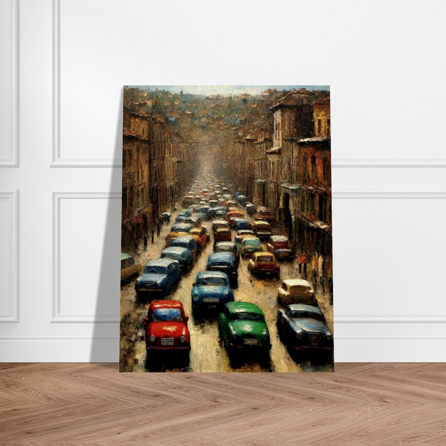 "A densely packed painting of colorful cars lined up in a busy city street, depicting the chaotic energy of a traffic jam on an urban road surrounded by tall buildings."