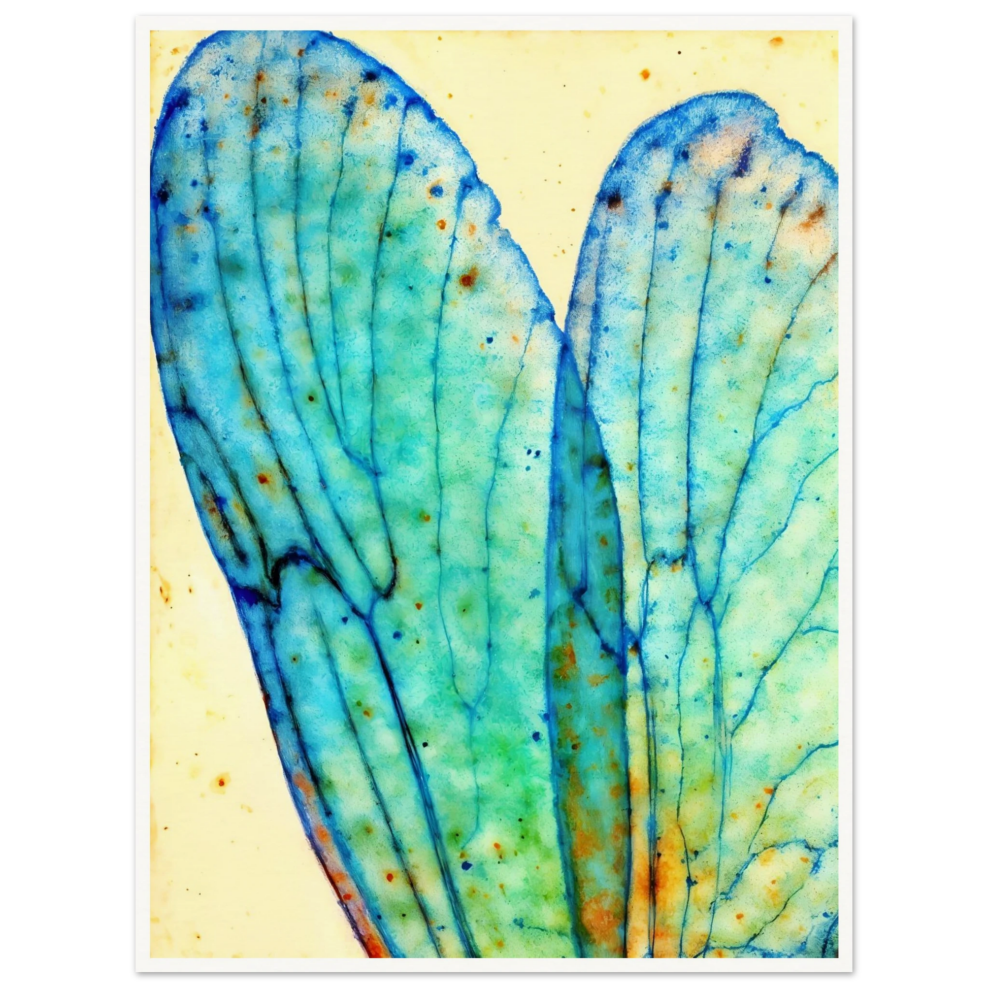 Delicate translucent blue wings with intricate vein patterns, softly glowing against a pale background with watercolor speckles.