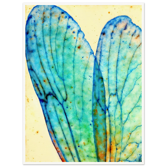 Delicate translucent blue wings with intricate vein patterns, softly glowing against a pale background with watercolor speckles.