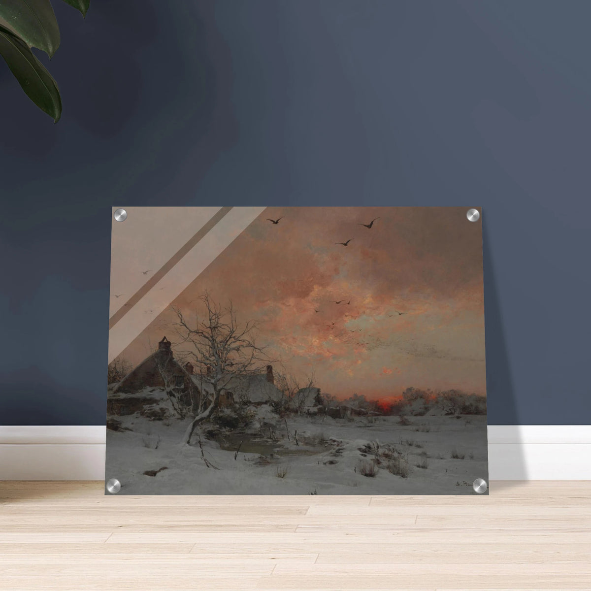 A snowy village at sunset with bare trees, birds in flight, and a pink-orange winter sky.