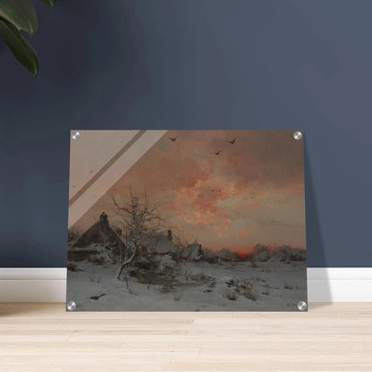A snowy village at sunset with bare trees, birds in flight, and a pink-orange winter sky.