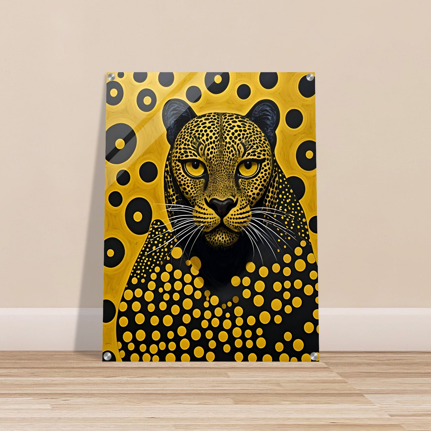 A striking portrait of a leopard with intricate golden spots, piercing eyes, and a mesmerizing geometric background of black and gold.