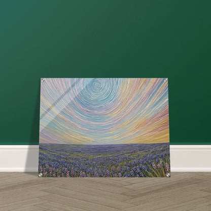 Surreal painting of a vast lavender field under a swirling pastel sky, creating a dreamlike atmosphere.