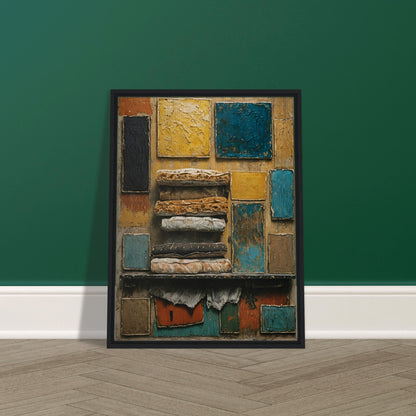 A rustic mixed-media artwork with layered textiles and textured blocks of yellow, blue, and earthy tones, evoking history and craftsmanship.