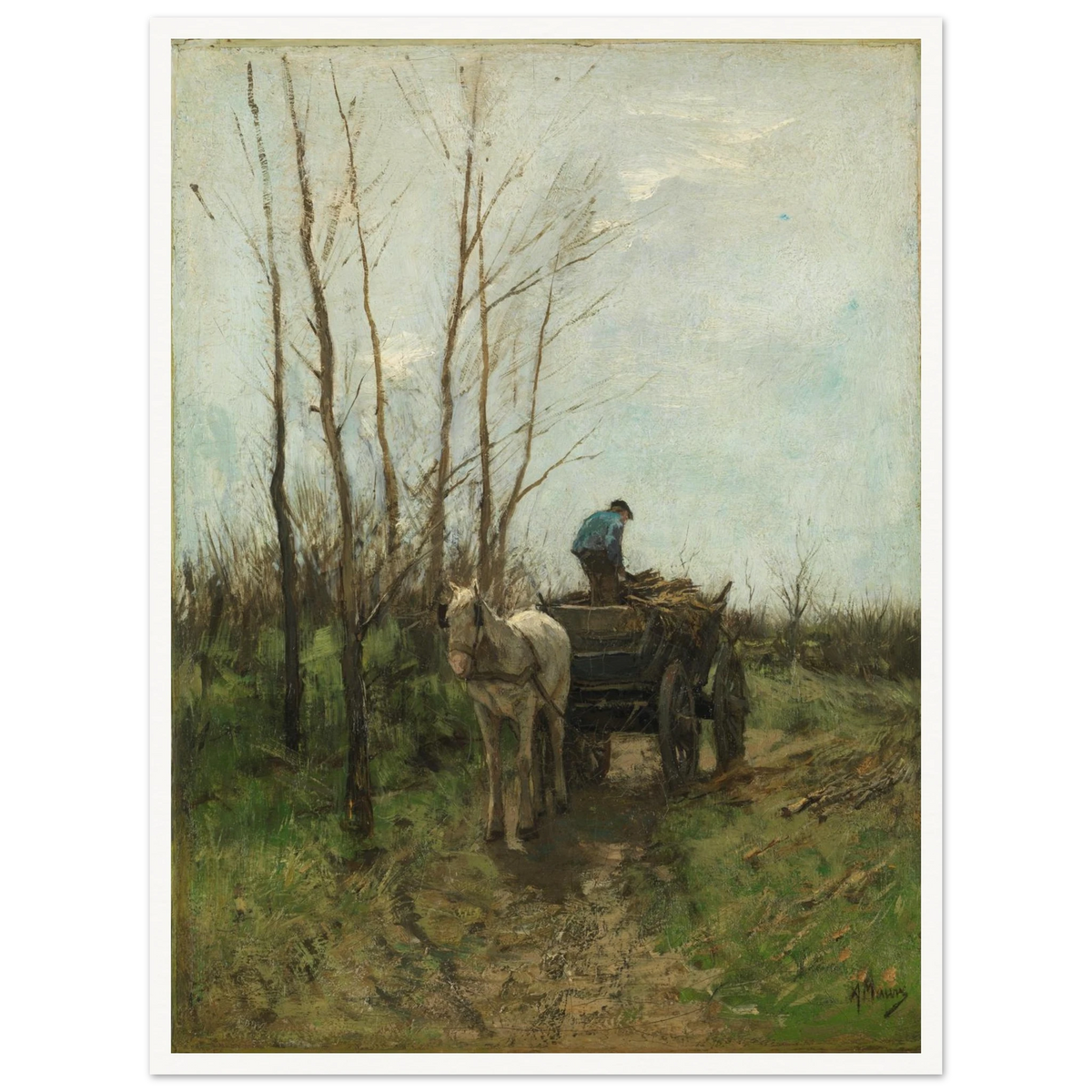A man loads branches onto a horse cart along a muddy lane beneath bare trees.