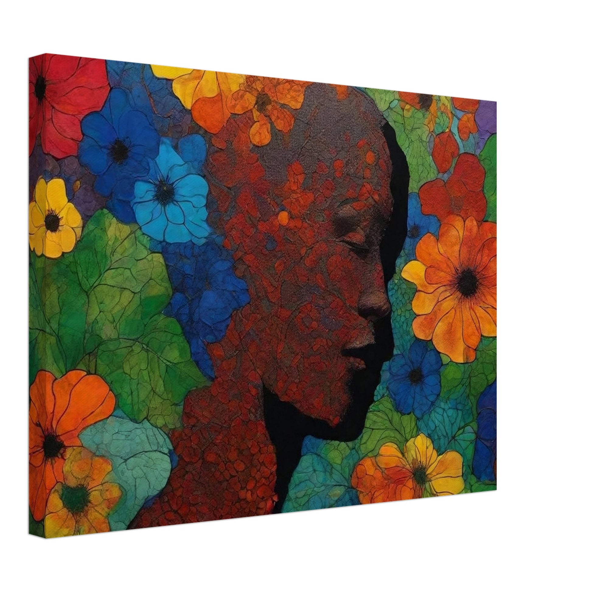 "A colorful and intricate painting of a silhouetted face surrounded by vivid red, blue, yellow, and orange flowers, blending nature with human form."