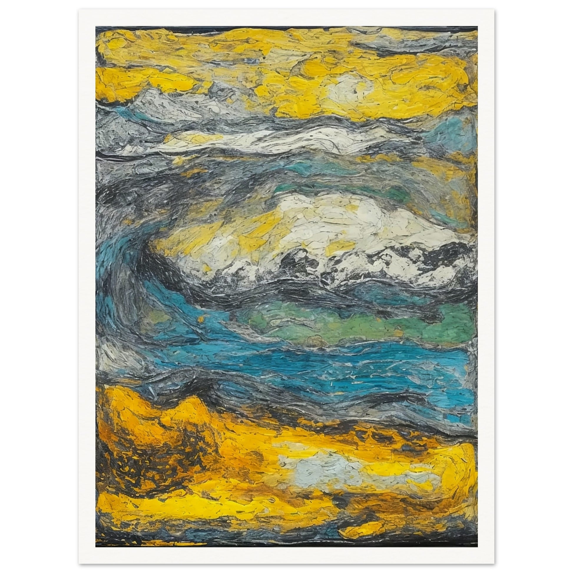 An expressive abstract painting capturing the essence of a stormy landscape with swirling colors and textures, predominantly in shades of yellow, blue, and gray. The dynamic movement and thick application of paint evoke a sense of turbulence and natural power.