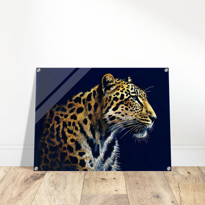 A detailed painting of a leopard against a dark background, showcasing its beautiful spotted coat and intense gaze.