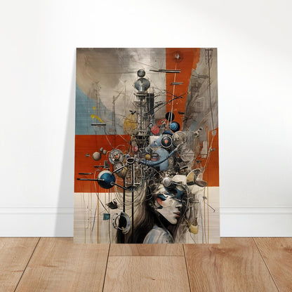 A surreal cybernetic composition featuring a woman's face partially obscured by an intricate network of mechanical parts, wires, and futuristic elements in a dystopian landscape.