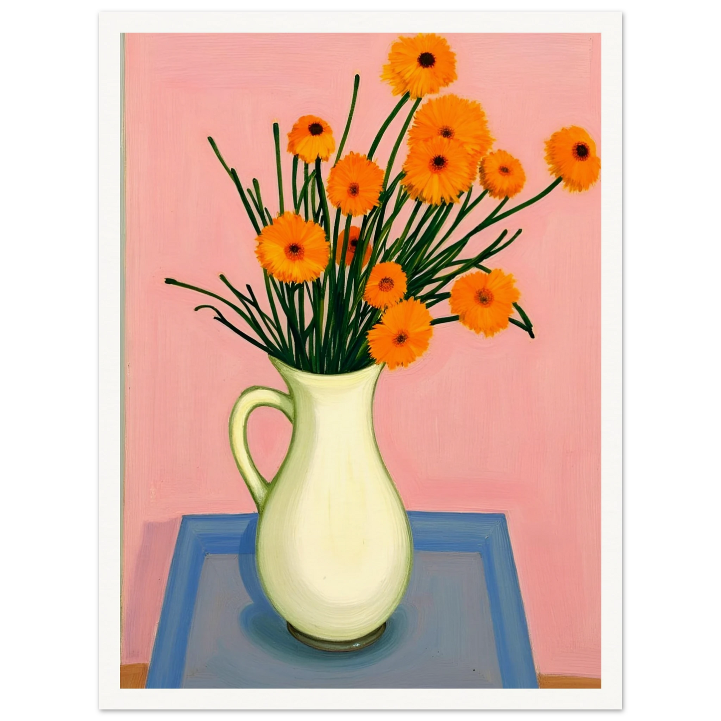 A vase of orange daisies with green stems against a soft pink background, radiating warmth and joy on a pastel tabletop.