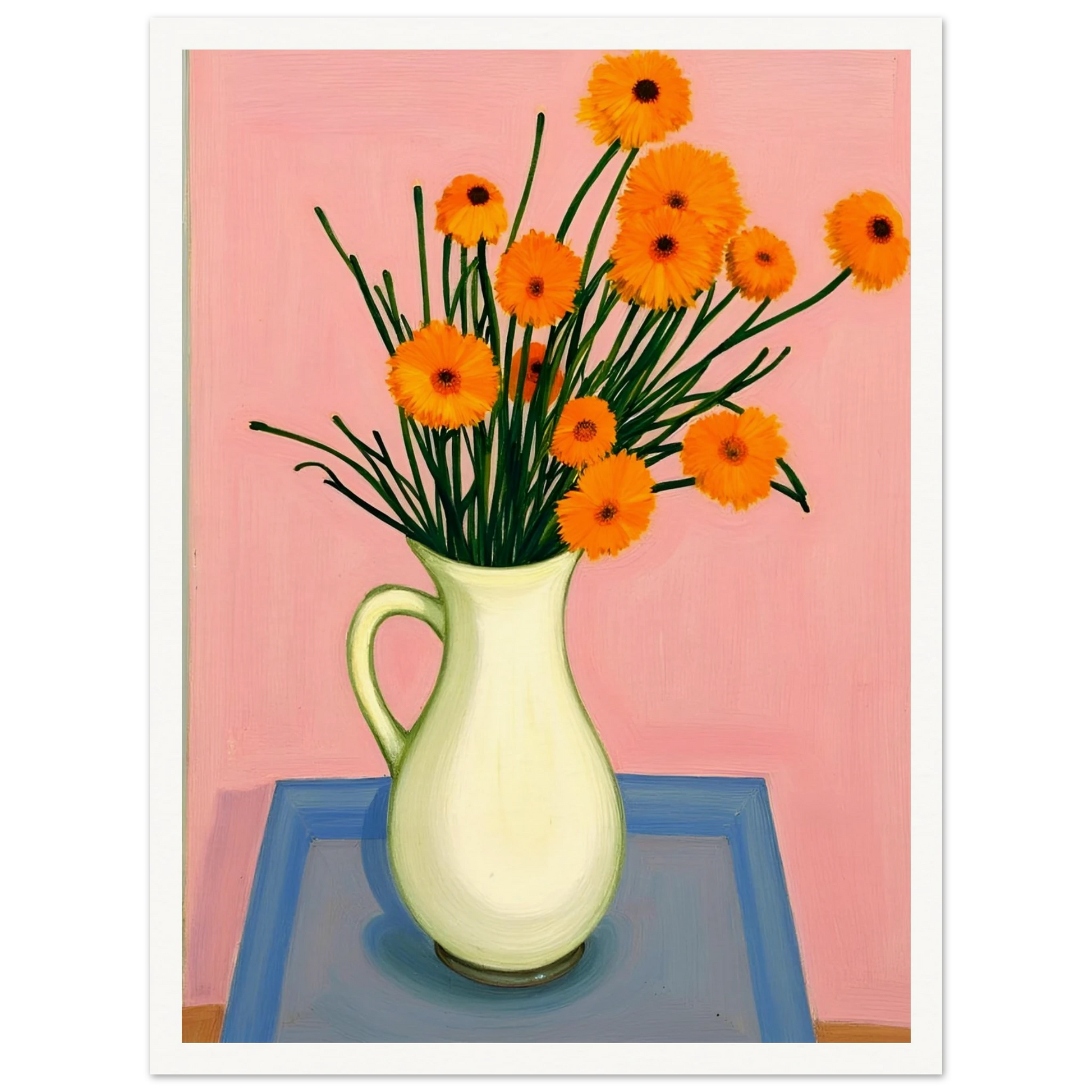 A vase of orange daisies with green stems against a soft pink background, radiating warmth and joy on a pastel tabletop.
