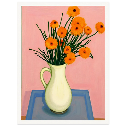 A vase of orange daisies with green stems against a soft pink background, radiating warmth and joy on a pastel tabletop.