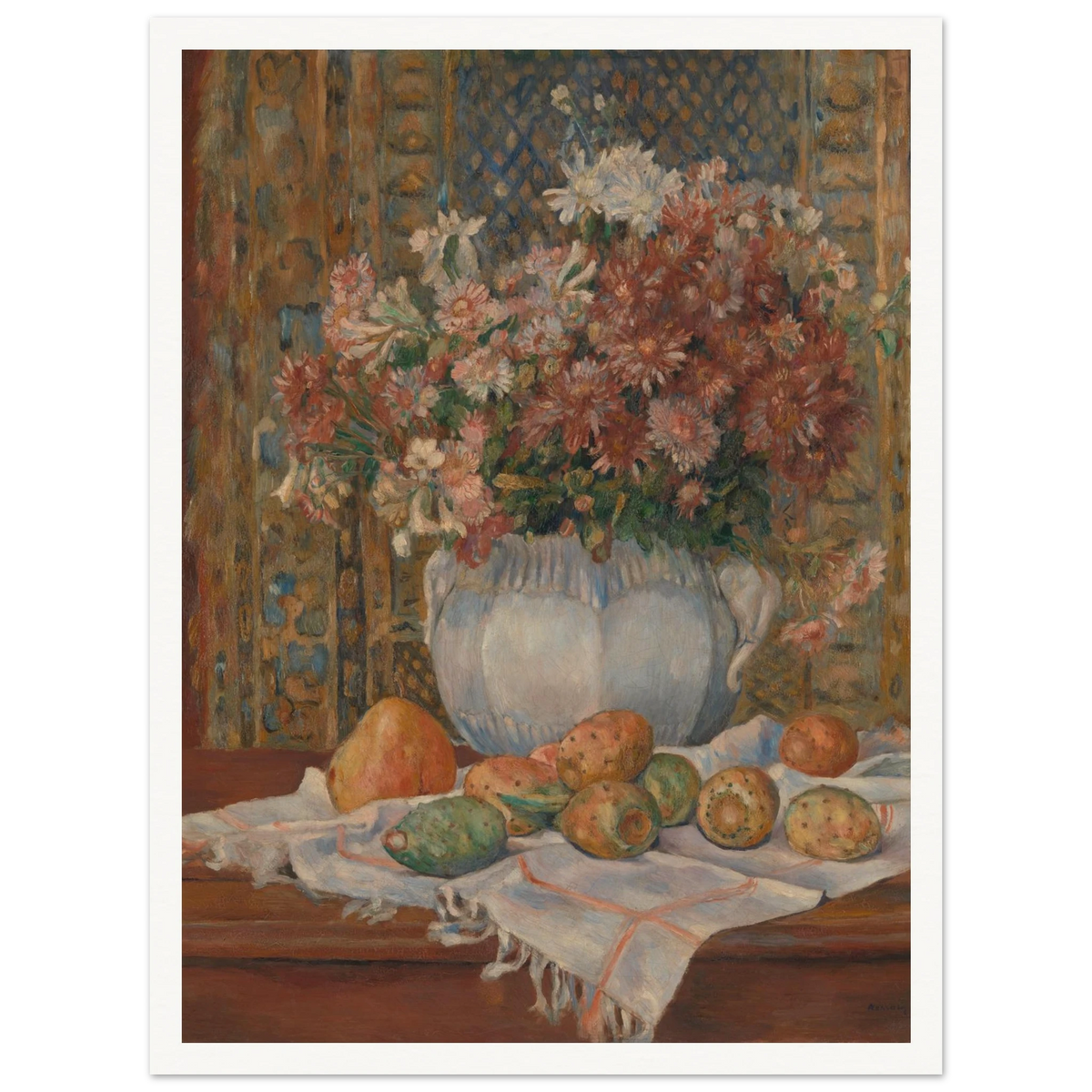 Autumn flowers in a blue vase with prickly pears and cloth on a table before a patterned screen.