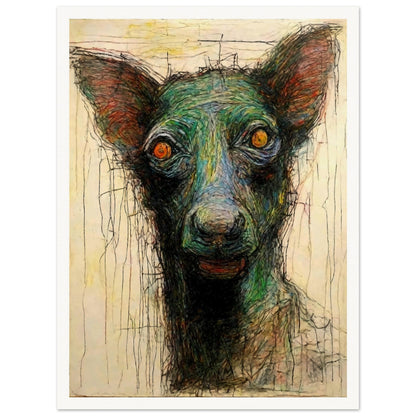 An expressive painting of a dog with piercing orange eyes, featuring textured, multicolored brushstrokes and a raw, emotional intensity.