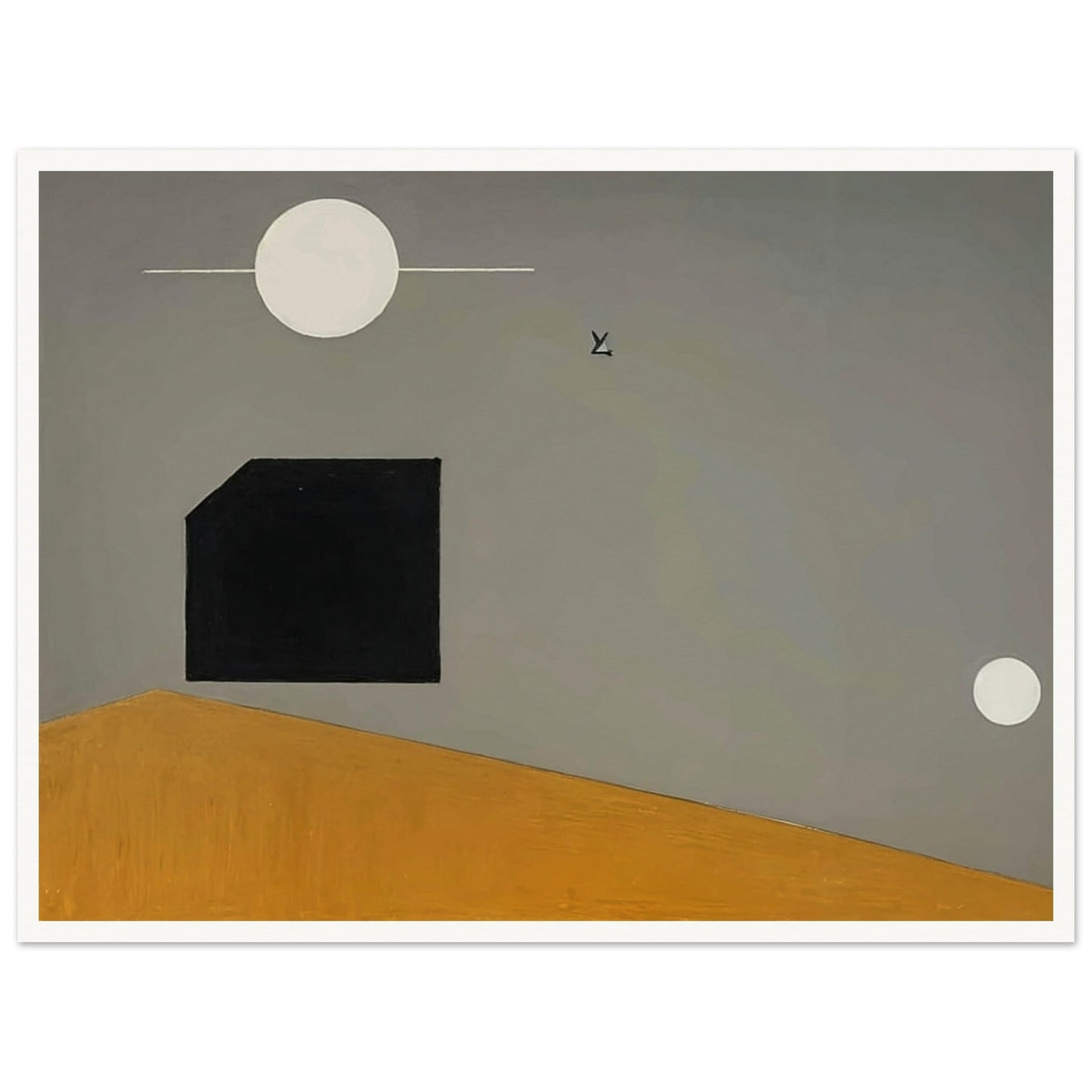 Abstract minimalist painting with geometric shapes against a gradient background, featuring a black square and two white circles.