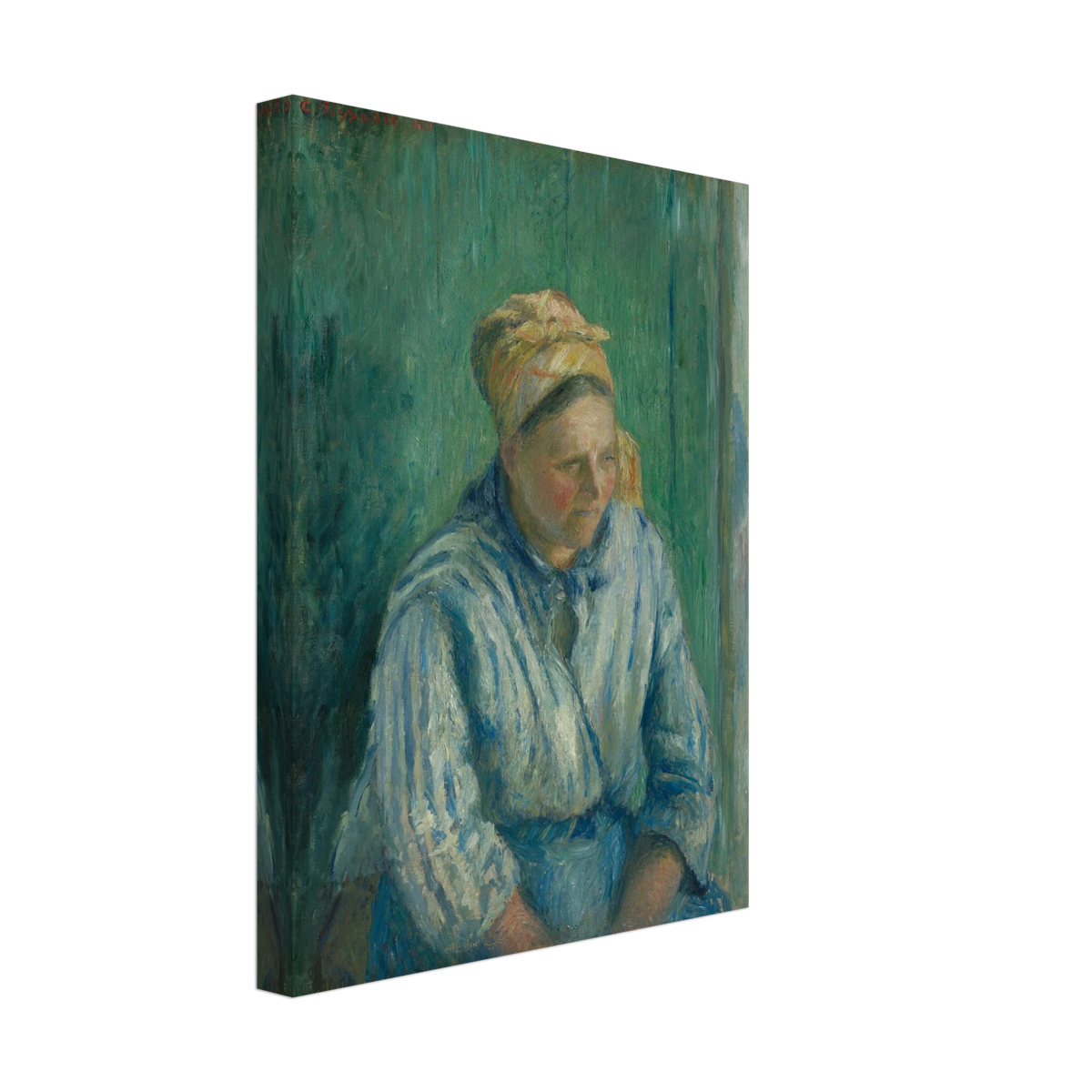 A seated washerwoman in a striped blue blouse and headscarf rests against a deep green background.