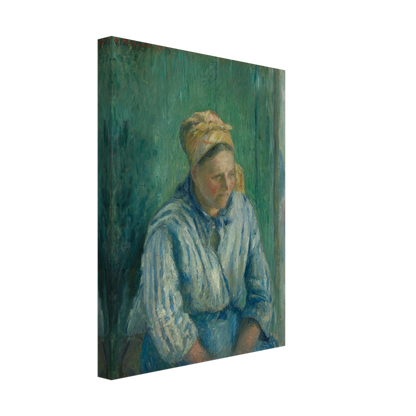 A seated washerwoman in a striped blue blouse and headscarf rests against a deep green background.