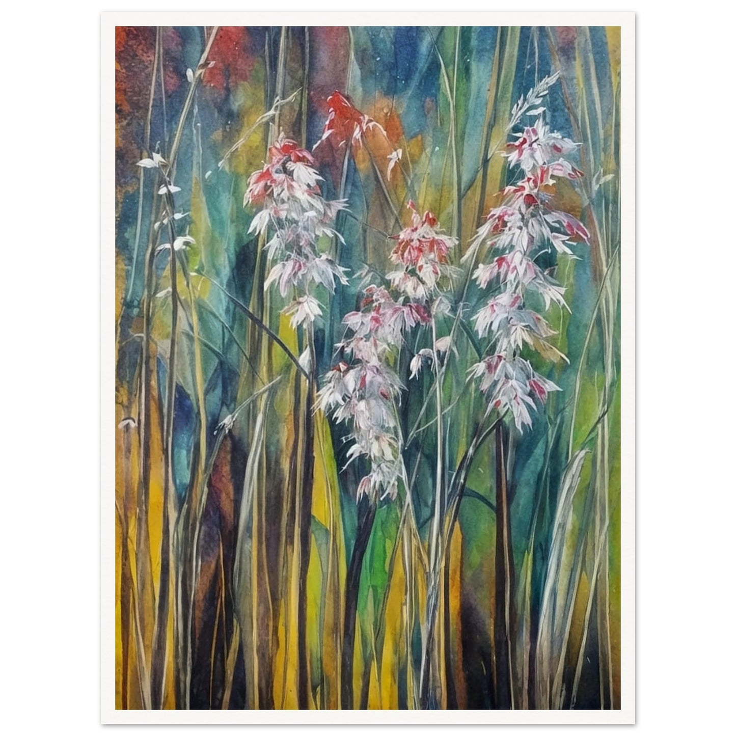 Delicate white and red wildflowers rise among tall, slender grasses, set against a softly textured background of green, blue, and golden hues.