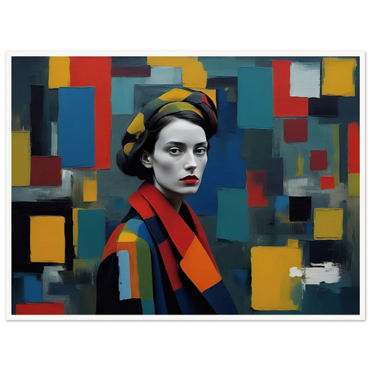 A striking portrait of a woman with pale skin, red lips, and a bold expression, adorned in a colorful outfit against a mosaic-like background of vibrant squares and rectangles.