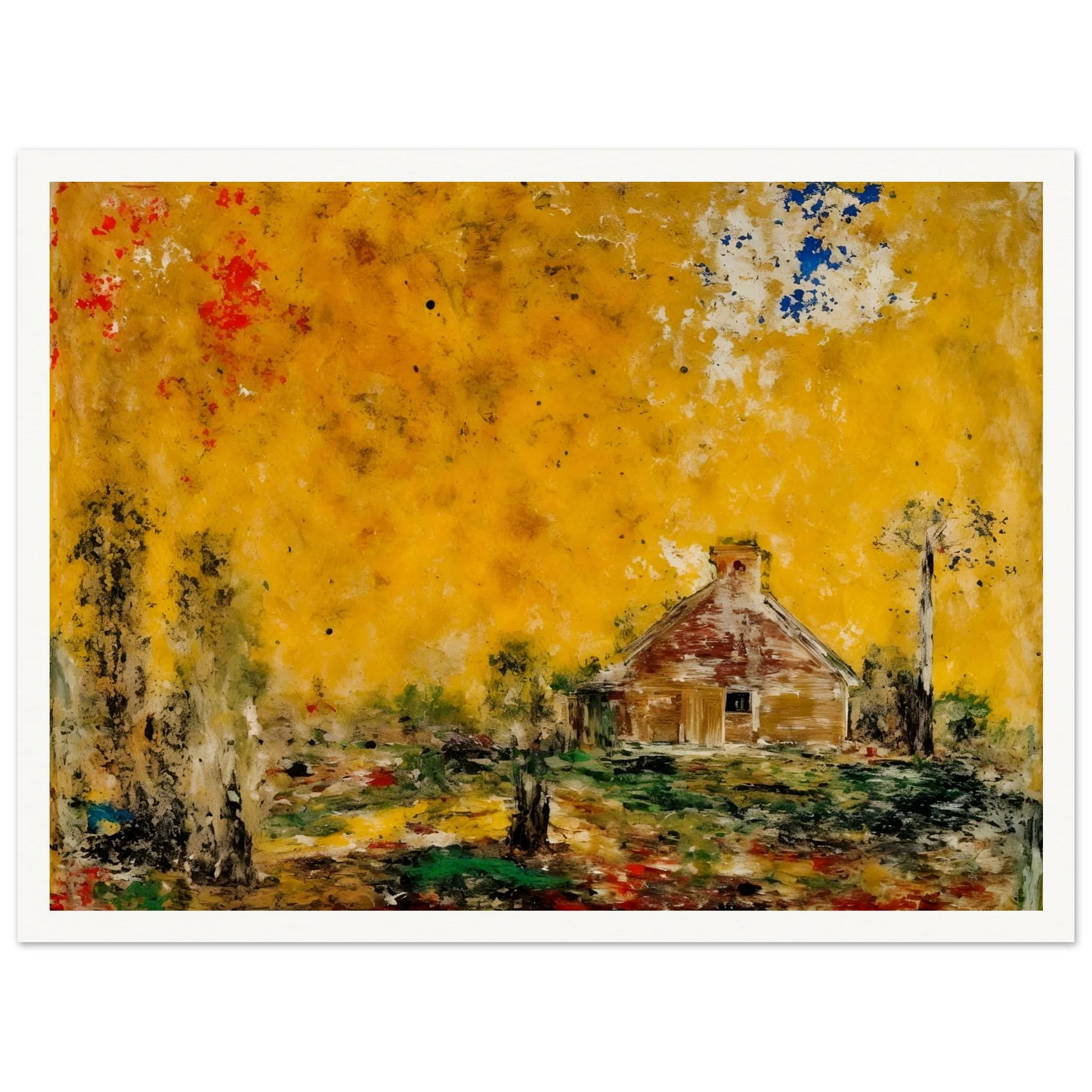 Rustic house rests beneath a golden sky with dark trees, green ground, and scattered red and blue marks.