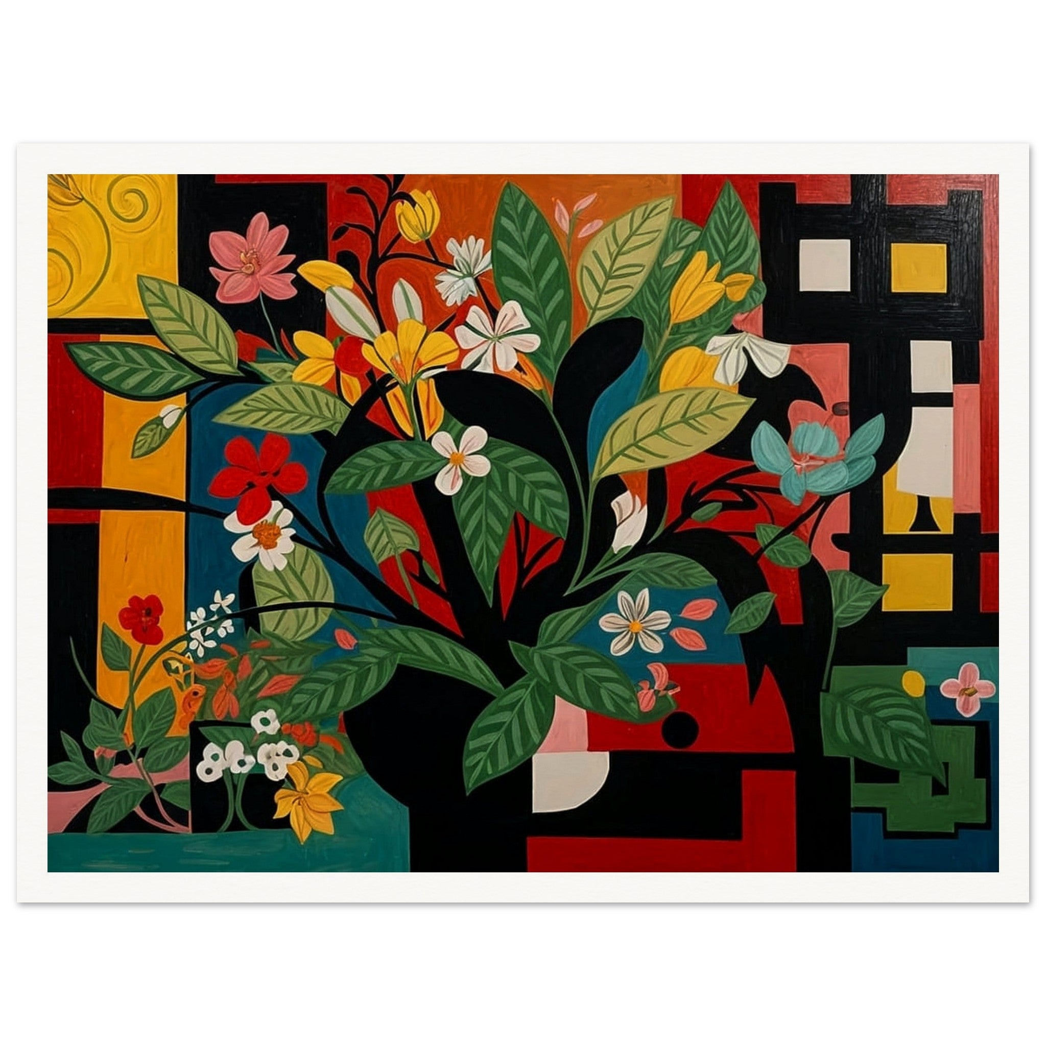 A vibrant painting of a floral arrangement with bold geometric background patterns in vivid colors.