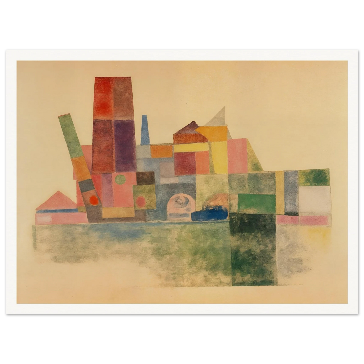 A pastel-toned cityscape made of overlapping geometric blocks in soft reds, greens, yellows, and blues against a beige backdrop.