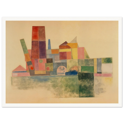 A pastel-toned cityscape made of overlapping geometric blocks in soft reds, greens, yellows, and blues against a beige backdrop.