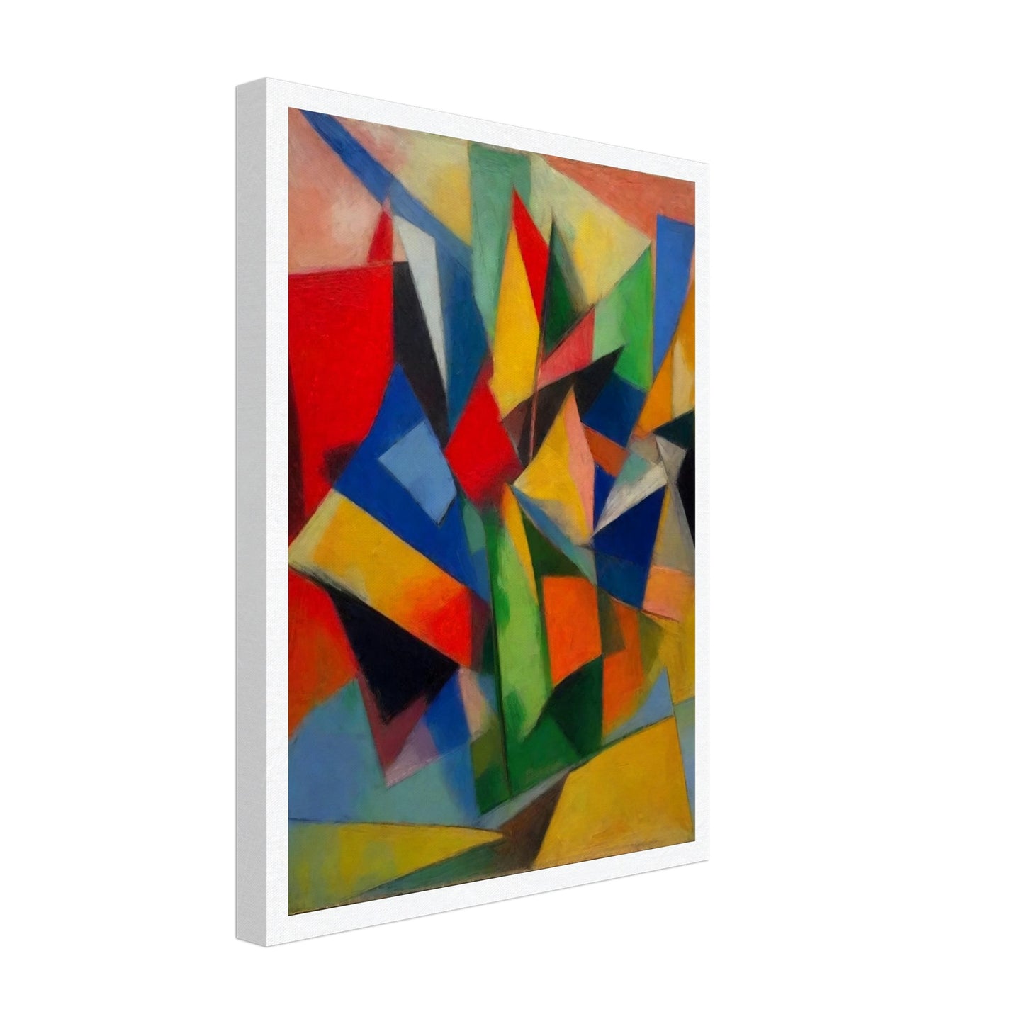 A vibrant abstract painting with sharp, colorful geometric shapes creating a dynamic and energetic composition.